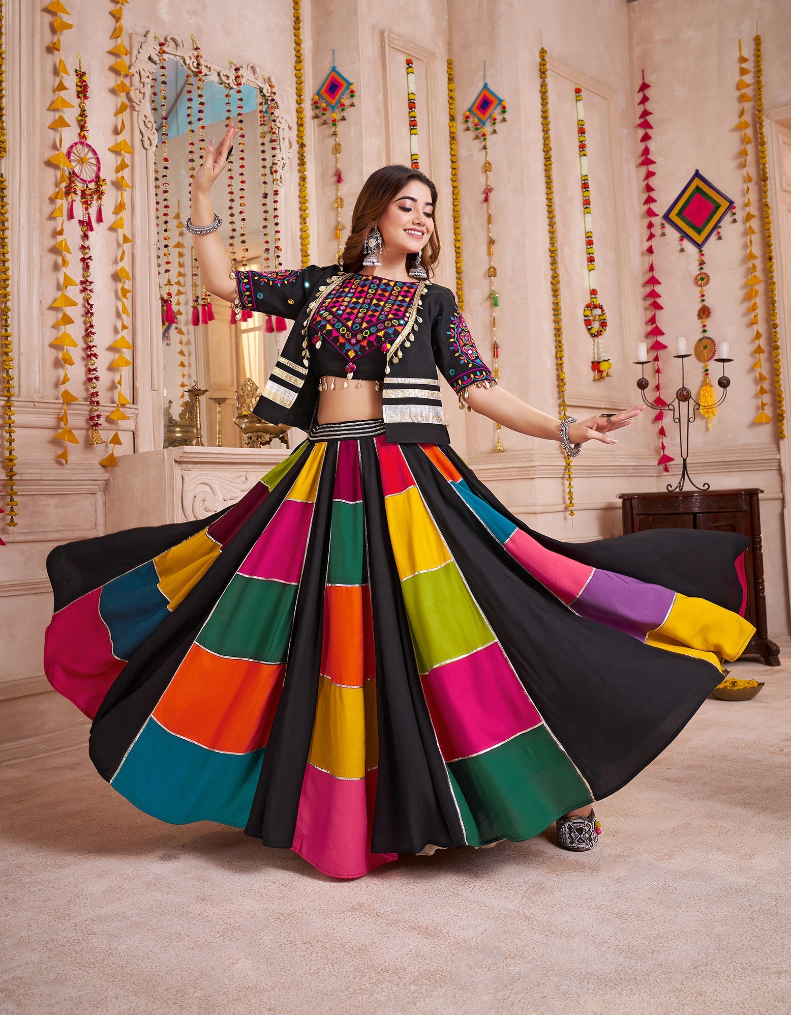 Monjolika Fashion Multicolor Viscose Cotton Navratri Chaniya Choli With Kutchi And Patch Work Jacket