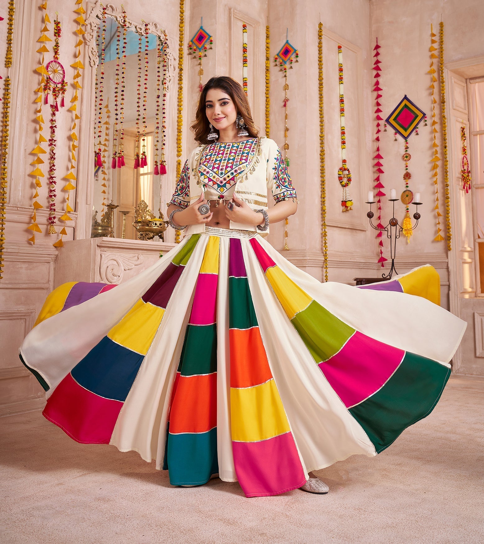 Monjolika Fashion Multicolor Viscose Cotton Navratri Chaniya Choli With Kutchi And Mirror Work Jacket | Grab2Buy