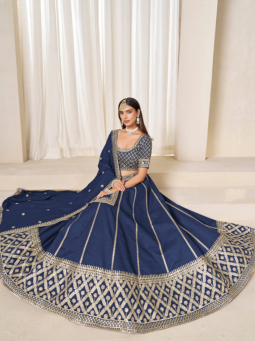 Monjolika Fashion Navy Blue Art Silk Wedding Wear Lehenga Choli Set