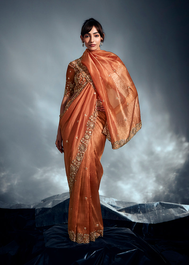 Monjolika Fashion Orange Tissue Organza Saree With Moti, Cutdana & Sequins Work