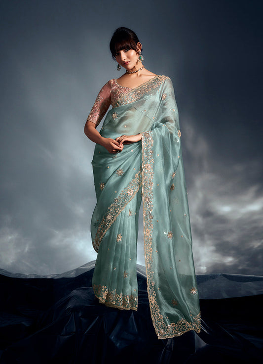 Monjolika Fashion Light Blue Tissue Organza Saree With Moti, Cutdana & Sequin Khatli Work