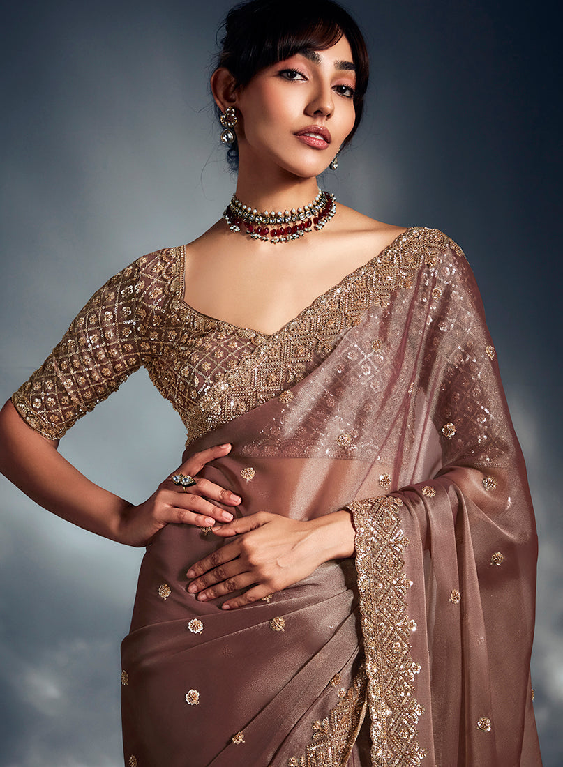 Monjolika Fashion Dusty Pink Tissue Organza Saree With Moti, Cutdana & Sequins Khatli Work