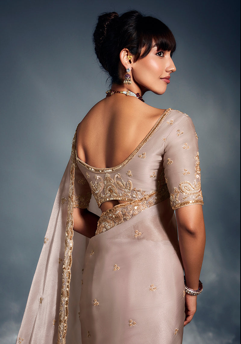 Monjolika Fashion Ivory Tissue Organza Saree With Moti, Cutdana & Sequin Work