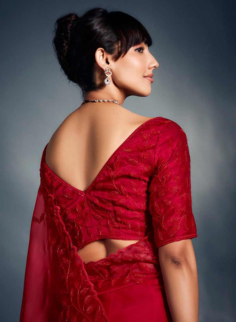 Monjolika Fashion Red Tissue Organza Saree With Moti, Cutdana & Sequin Work