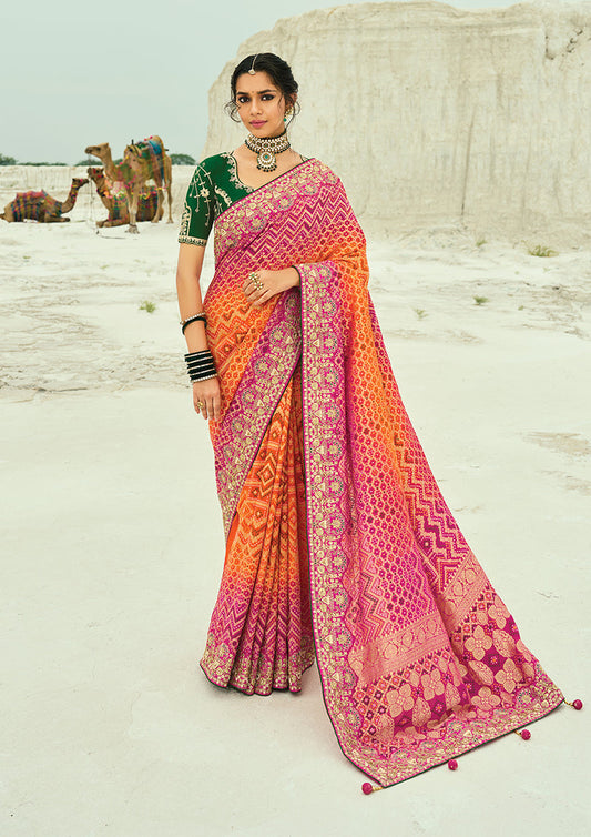Monjolika Fashion Multicolor Embroidered Georgette Bandhej Designer Saree
