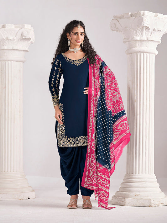 Monjolika Fashion Embroidered Chanderi Silk Navy Blue Mirror Work Salwar Kameez