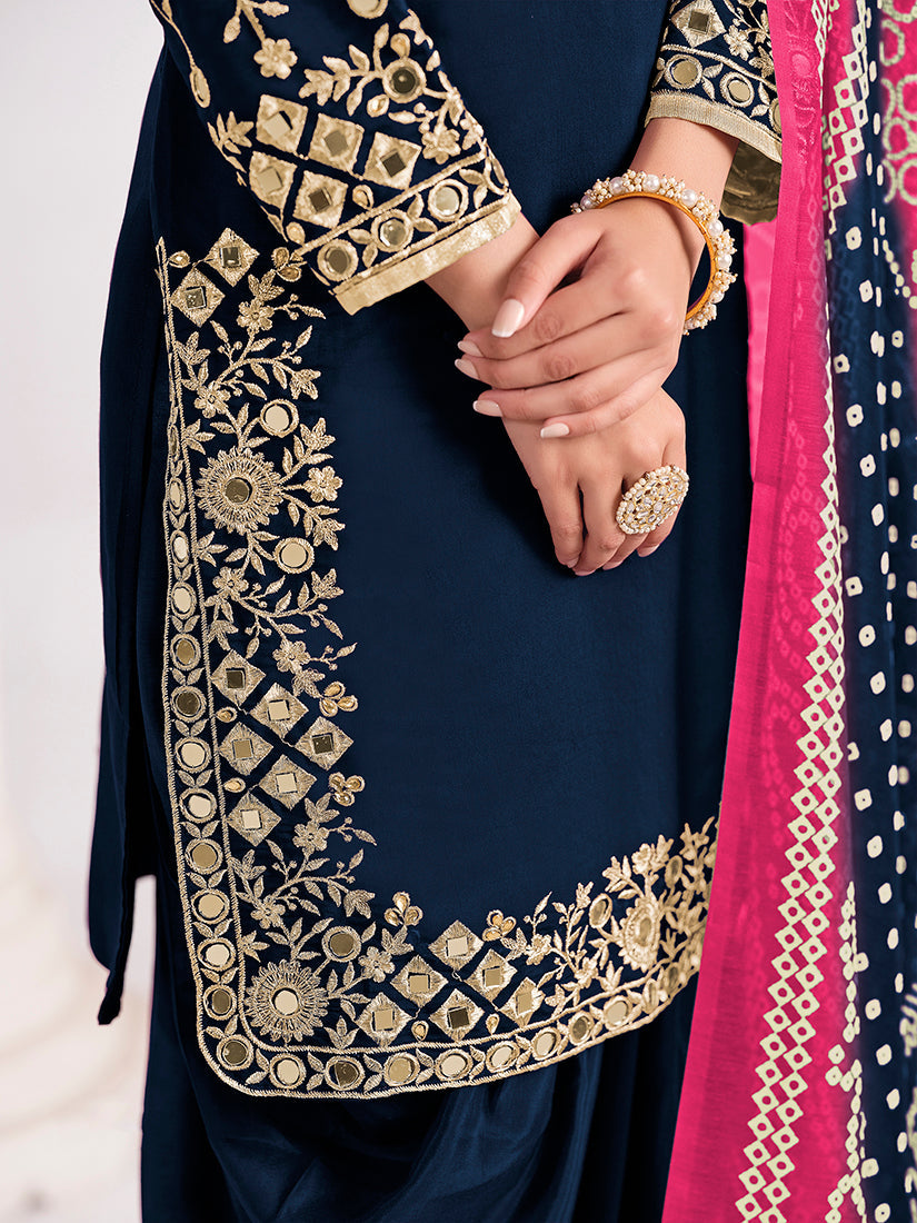 Monjolika Fashion Embroidered Chanderi Silk Navy Blue Mirror Work Salwar Kameez