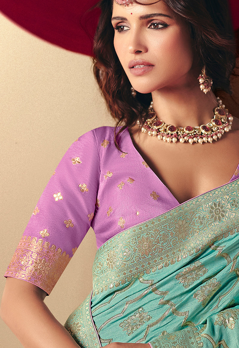 Monjolika Fashion Viscose Silk Aqua Blue Saree With Rich Zari Weaving & Designer Tassels