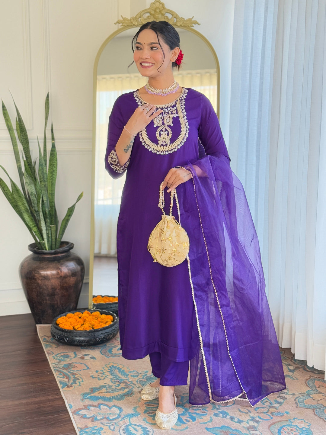 The52 Beautiful Embroidery Work with Rayon Slub Fabric Straight Kurta, Pant and Dupatta Set 