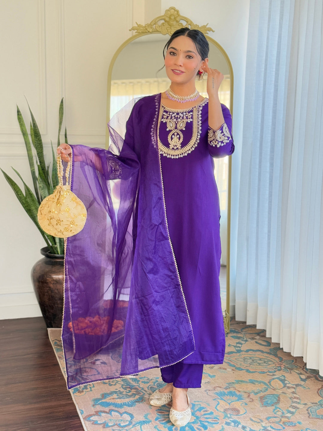 The52 Beautiful Embroidery Work with Rayon Slub Fabric Straight Kurta, Pant and Dupatta Set 