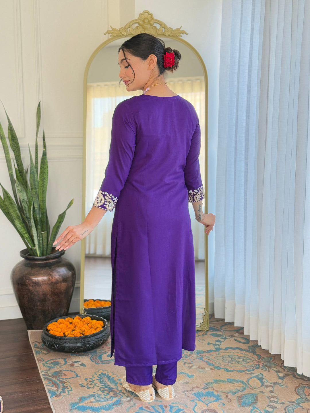 The52 Beautiful Embroidery Work with Rayon Slub Fabric Straight Kurta, Pant and Dupatta Set 