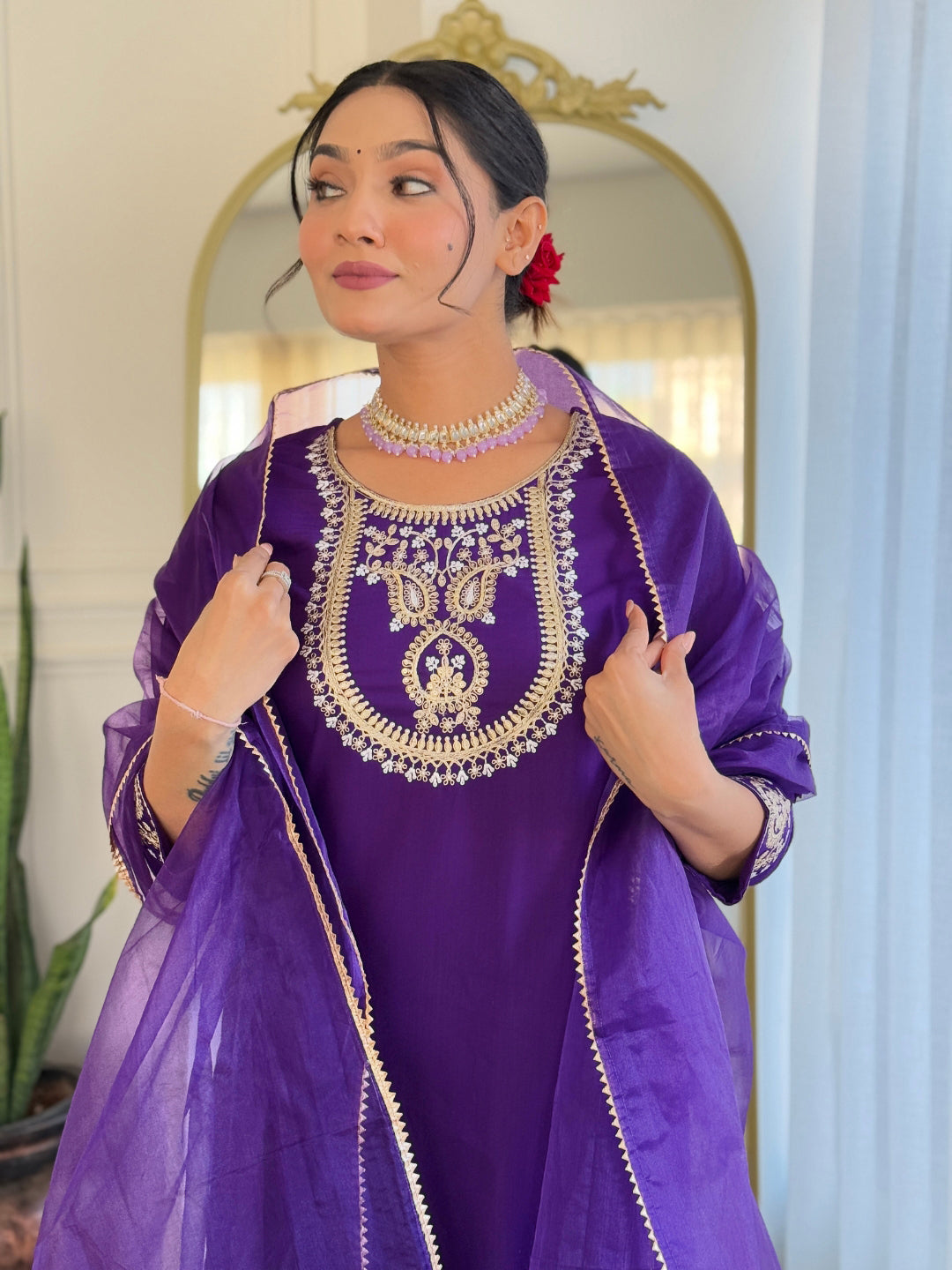 The52 Beautiful Embroidery Work with Rayon Slub Fabric Straight Kurta, Pant and Dupatta Set 