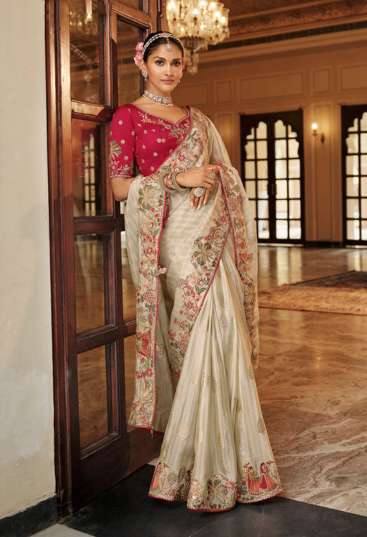 Monjolika Fashion Silk Blend Saree In Ivory White With Rani Pink Contrast Blouse & Meenakari Zari Borders