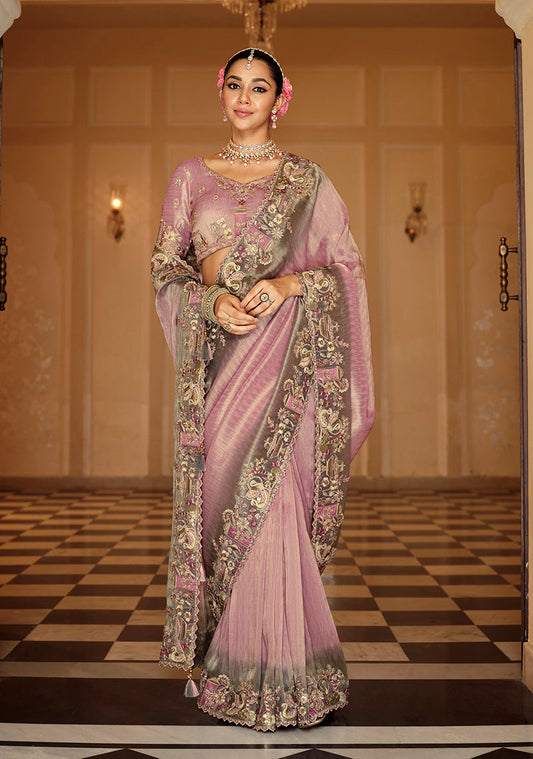 Monjolika Fashion Silk Blend Silk Saree In Onion Pink With Rich Meenakari Zari Weaving