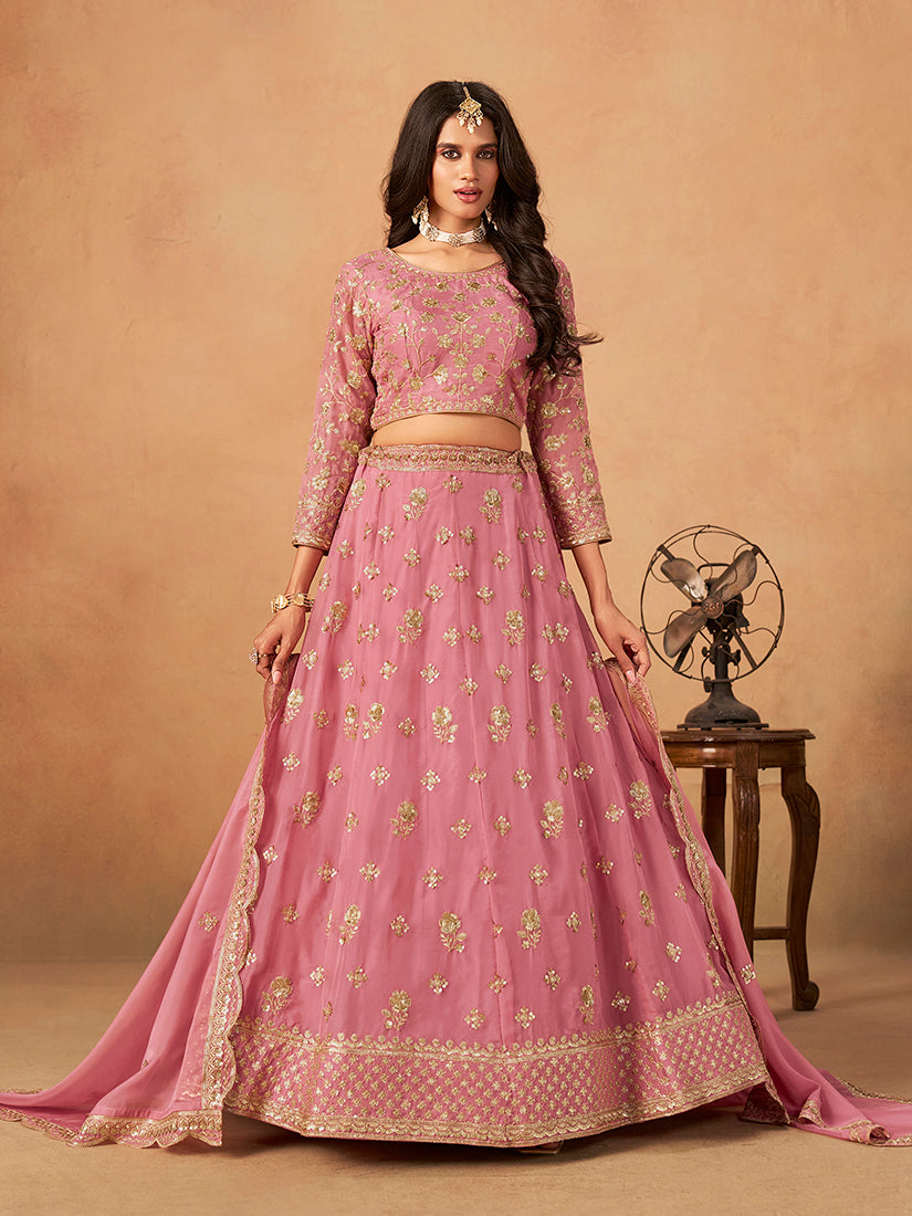 Monjolika Fashion Embroidered Pink Organza Trendy Lehenga Choli