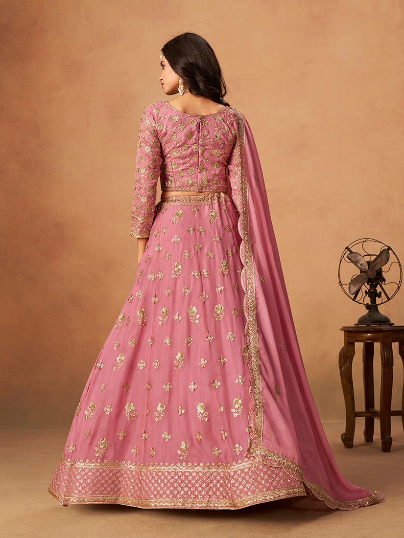Monjolika Fashion Embroidered Pink Organza Trendy Lehenga Choli