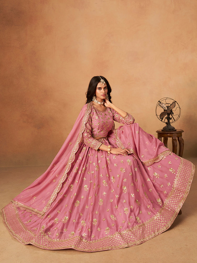 Monjolika Fashion Embroidered Pink Organza Trendy Lehenga Choli
