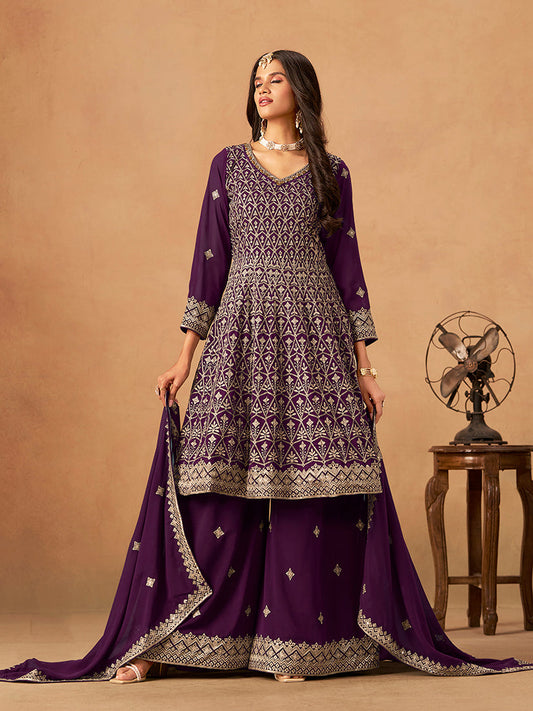 Monjolika Fashion Purple Embroidered Faux Georgette Trendy Palazzo Salwar Kameez
