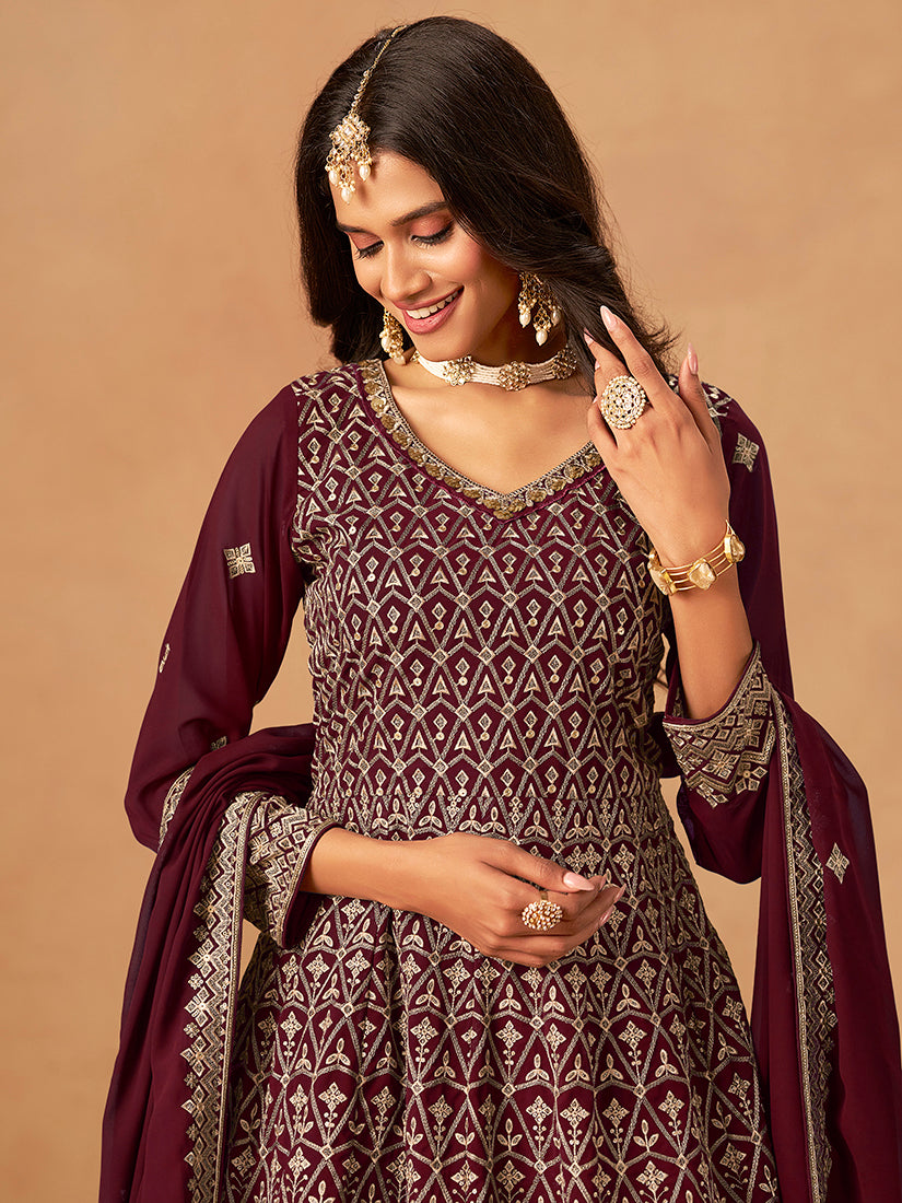 Monjolika Fashion Maroon Embroidered Faux Georgette Trendy Palazzo Salwar Kameez