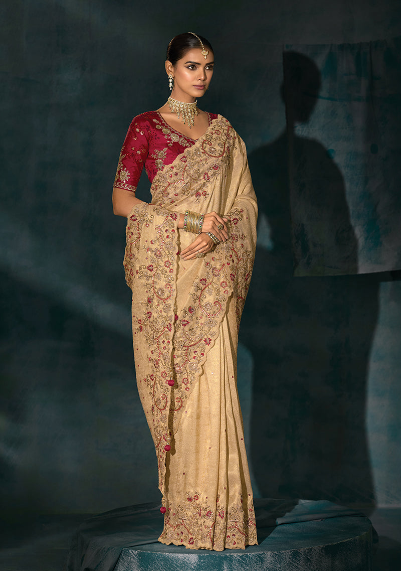 Monjolika Fashion Beige Color Silk Blend Cutdana Moti And Mirror Heavy Work Saree