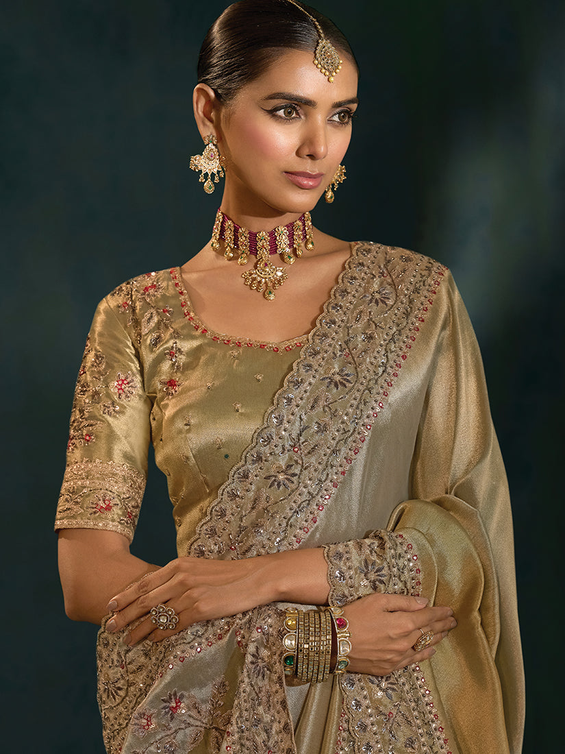 Monjolika Fashion Grey Color Cutdana Moti And Mirror Heavy Work Silk Blend Saree