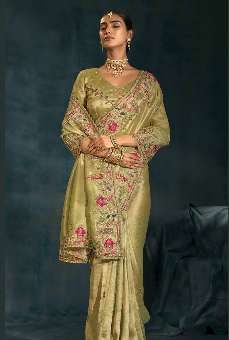 Monjolika Fashion Olive Green Color Silk Blend With Cutdana Moti Zarkan Heavy Work Beautiful Border Saree