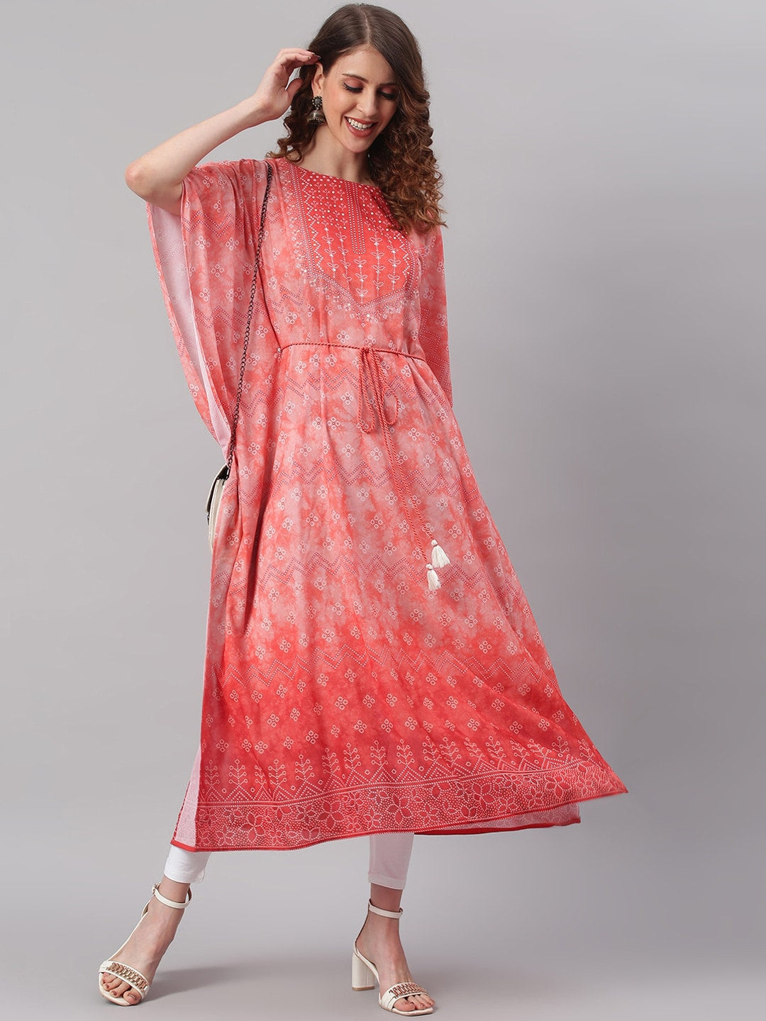 Janasya Women Peach-Coloured Ethnic Motifs Dyed Thread Work Georgette Kaftan Kurta