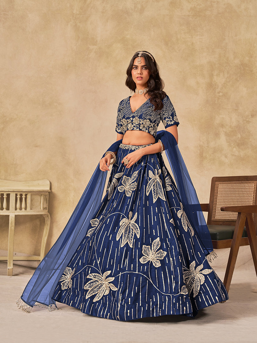 Monjolika Fashion Navy Blue Embroidered Art Silk Reception Trendy Lehenga Choli | Grab2Buy