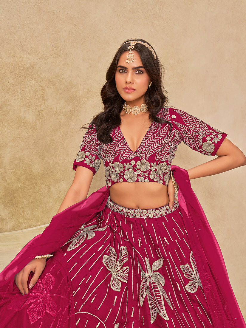 Monjolika Fashion Hot Pink Embroidered Art Silk Reception Trendy Lehenga Choli