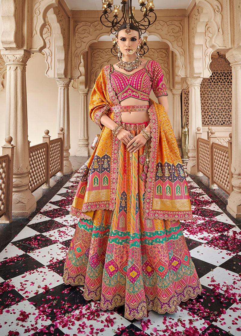 Monjolika Fashion Mustard Multicolor Premium Banarasi Silk With Zarkan & Cutwork Wedding Wear Lehenga | Swadesiicart