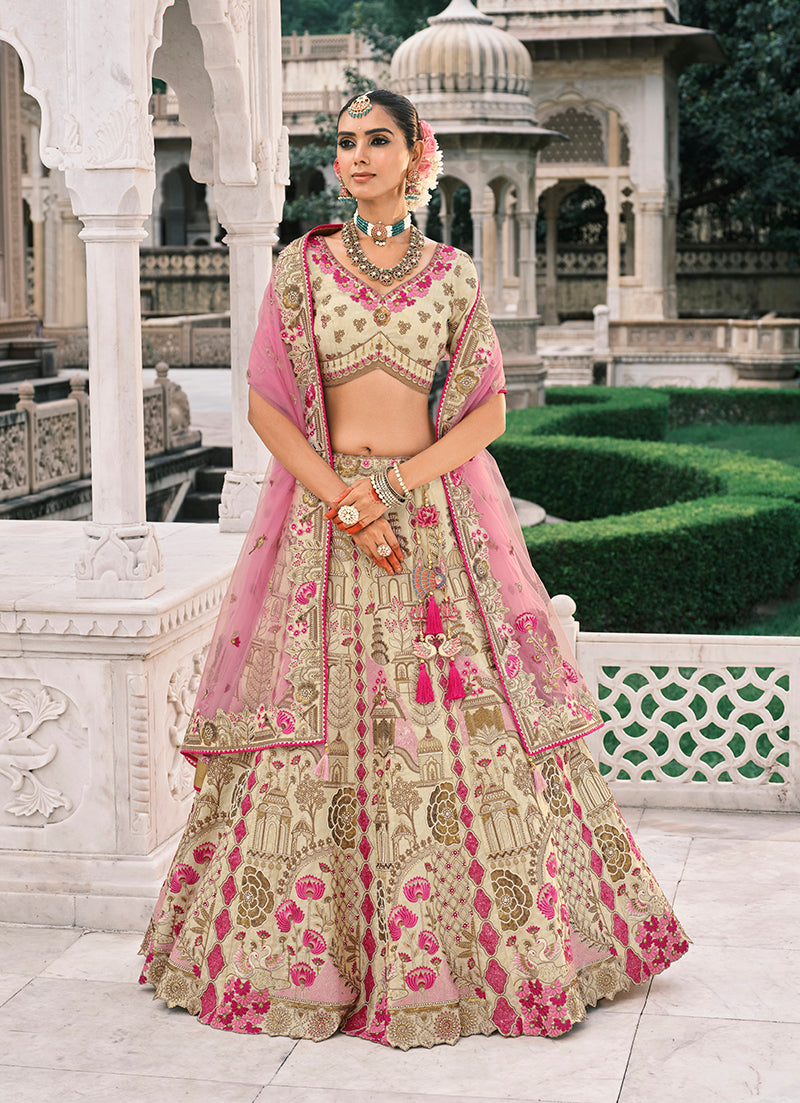 Monjolika Fashion Cream Silk Bridal With Sequins Embroidery And Stone Work Lehenga