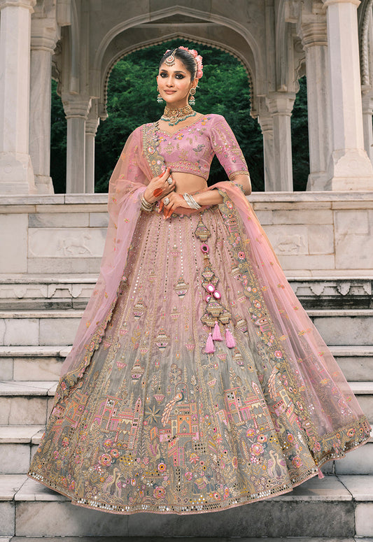 Monjolika Fashion Dusty Pink And Grey Silk Bridal With Thread And Moti Work Lehenga