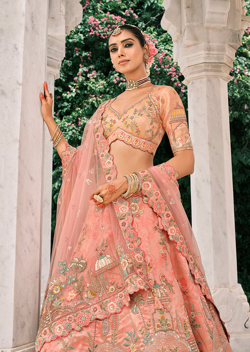 Monjolika Fashion Peach Silk Bridal With Thread Embroidery And Stone Work Lehenga