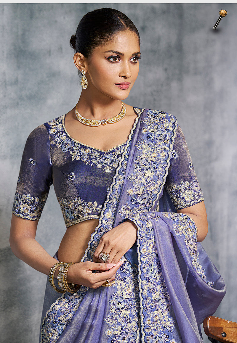 Monjolika Fashion Lavender Tissue Traditional Saree with Embroidered, Resham and Thread Work for Ceremonial