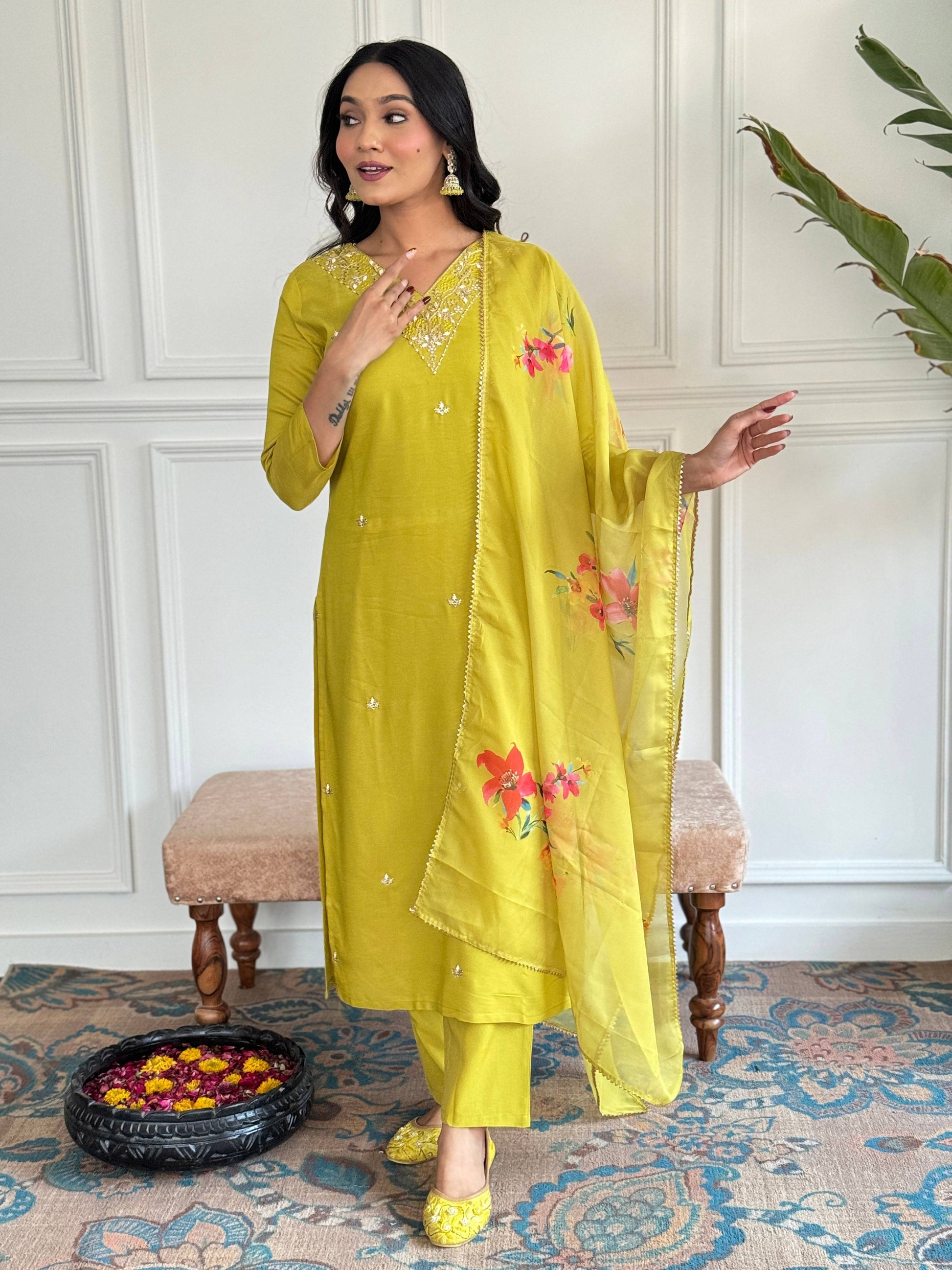 The52 Yellow Embroidered Rayon Slub Fabric Straight Kurta, Pant and Dupatta Set | Grab2Buy
