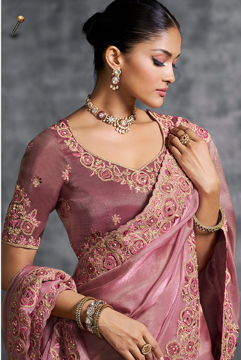Monjolika Fashion Pink Tissue Traditional Saree with Embroidered, Resham and Thread Work for Ceremonial