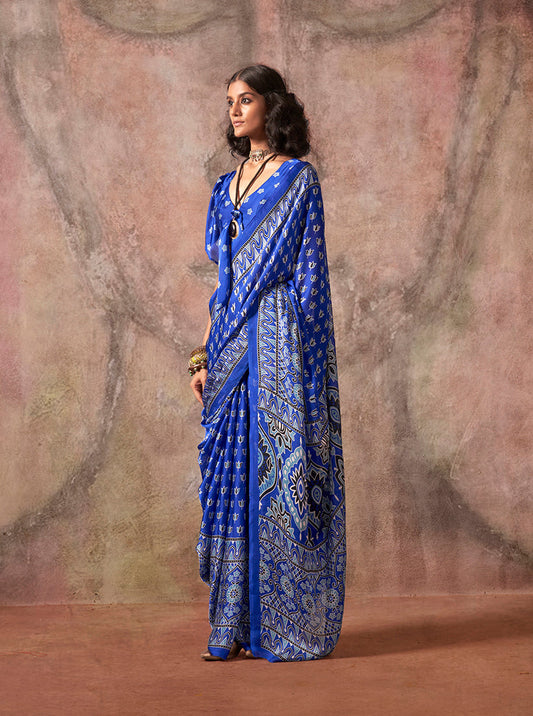 Monjolika Fashion Blue Color Ajrakh Print With Bandhej Pattern Satin Georgette Saree