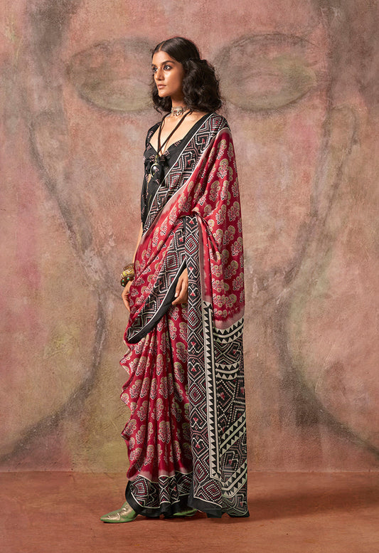 Monjolika Fashion Red & Black Color Ajrakh Print With Bandhej Pattern Satin Georgette Saree