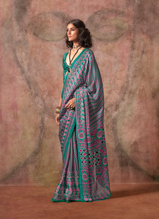Monjolika Fashion Turquoise Color Ajrakh Print With Bandhej Pattern Satin Georgette Saree