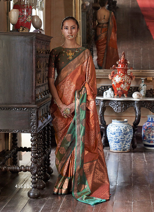 Monjolika Fashion Rust Zari Woven Work Silk Indian Traditional Wear Saree