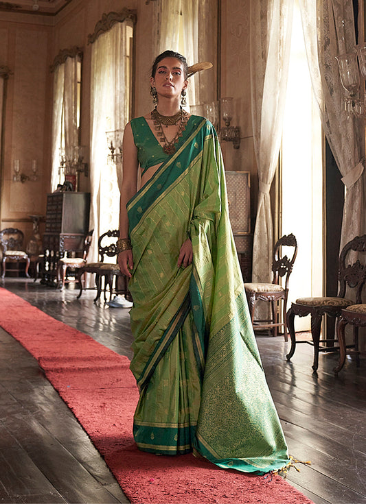 Monjolika Fashion Parrot Green Exclusive Tussar Silk With Elegant Weaving Work Traditional Saree
