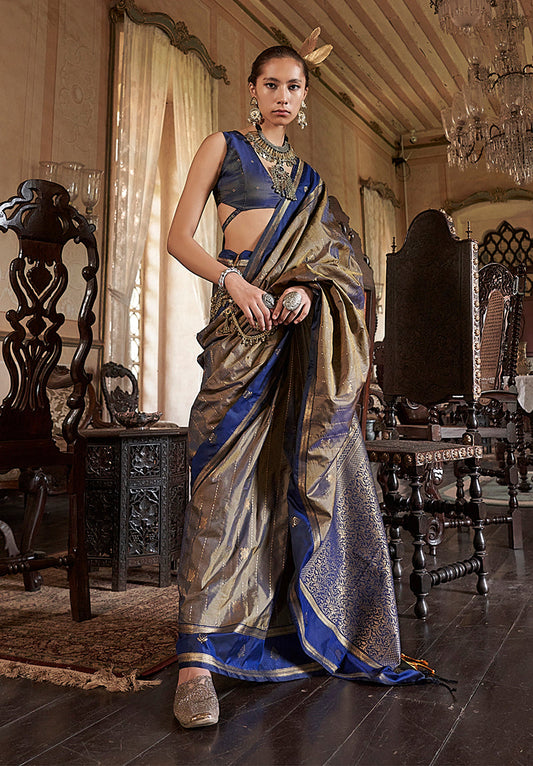 Monjolika Fashion Golden Exclusive Tussar Silk With Elegant Weaving Work Traditional Saree