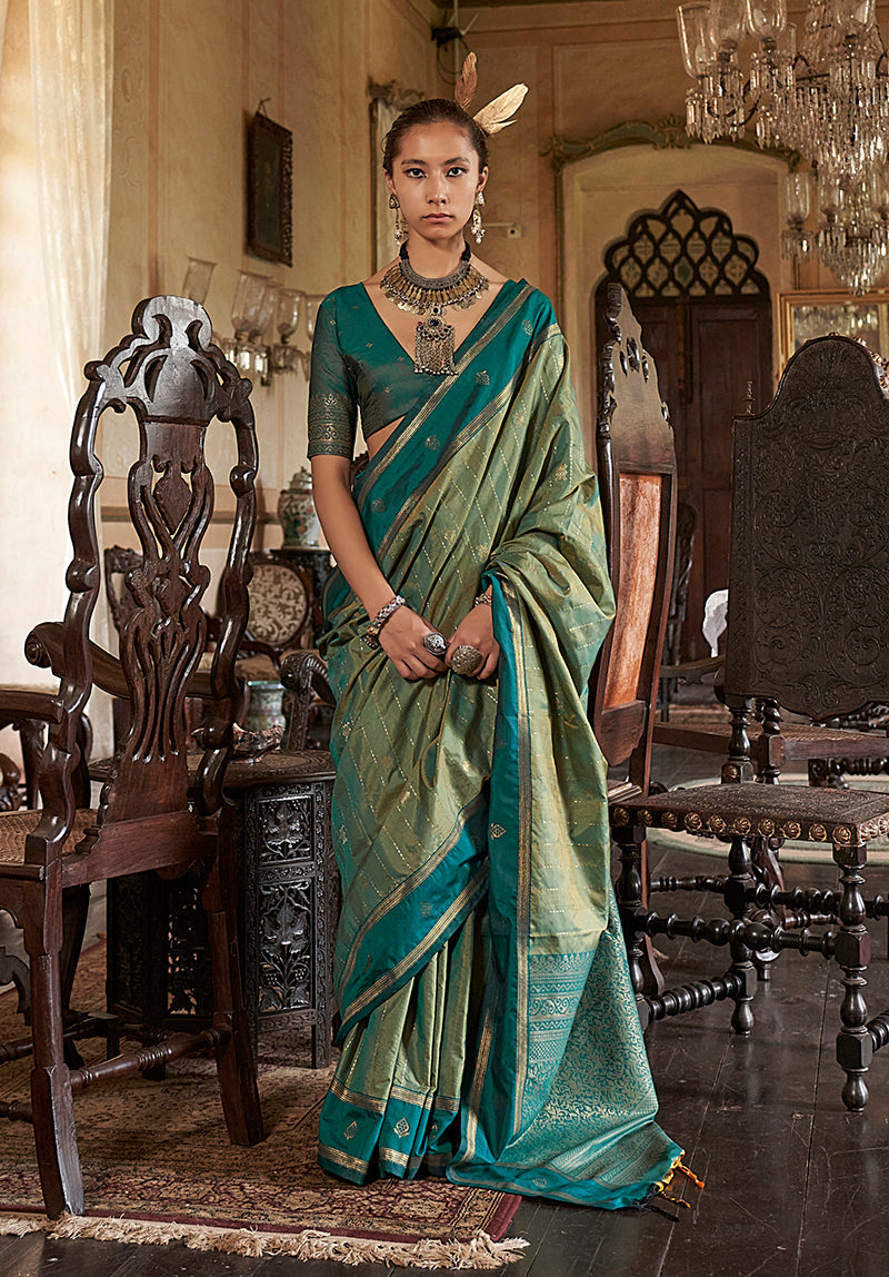 Monjolika Fashion Sea Green Exclusive Tussar Silk With Elegant Weaving Work Traditional Saree