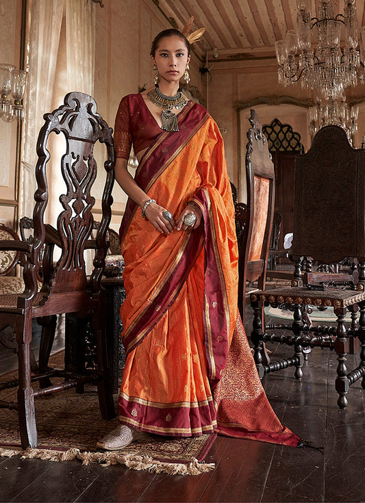 Monjolika Fashion Orange Exclusive Tussar Silk With Elegant Weaving Work Traditional Saree
