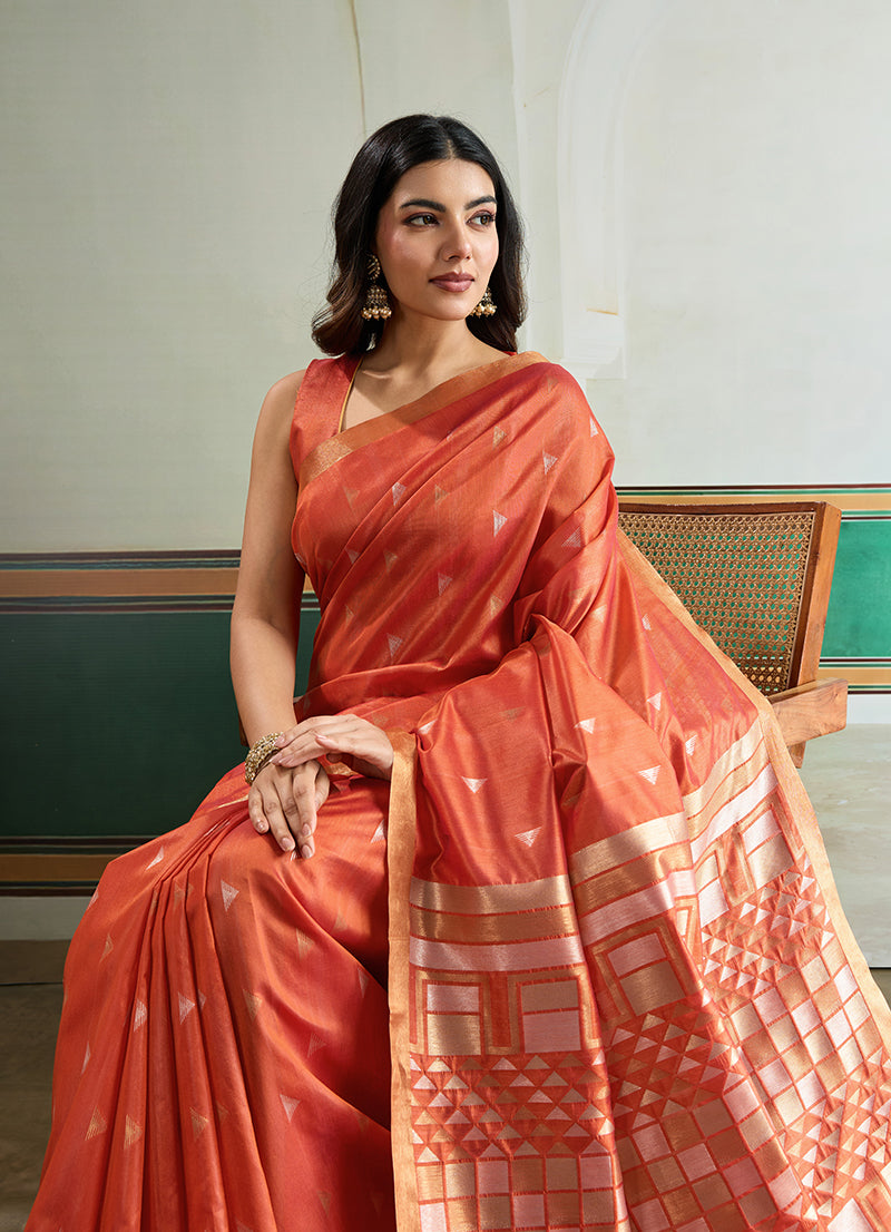 Monjolika Fashion Dark Peach Handloom Weaving Silk Festival Wear Saree
