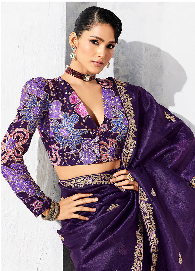 Monjolika Fashion Purple Fancy Fabric Embroidered Contemporary Saree