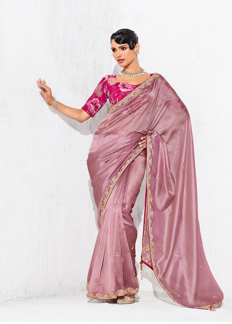 Monjolika Fashion Pink Fancy Fabric Embroidered Contemporary Saree