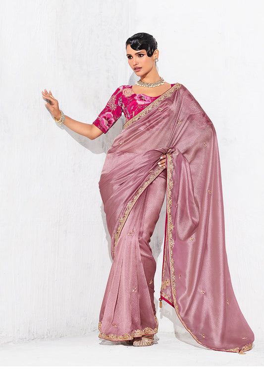 Monjolika Fashion Pink Fancy Fabric Embroidered Contemporary Saree