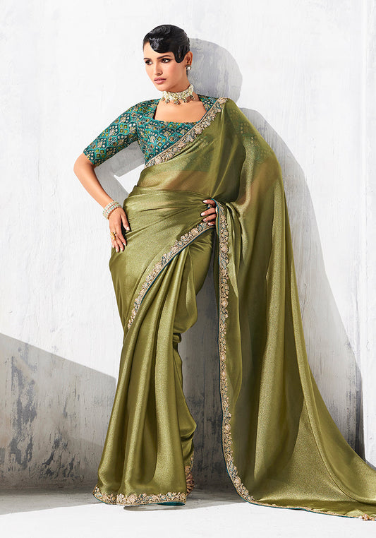 Monjolika Fashion Olive Green Fancy Fabric Embroidered Contemporary Saree