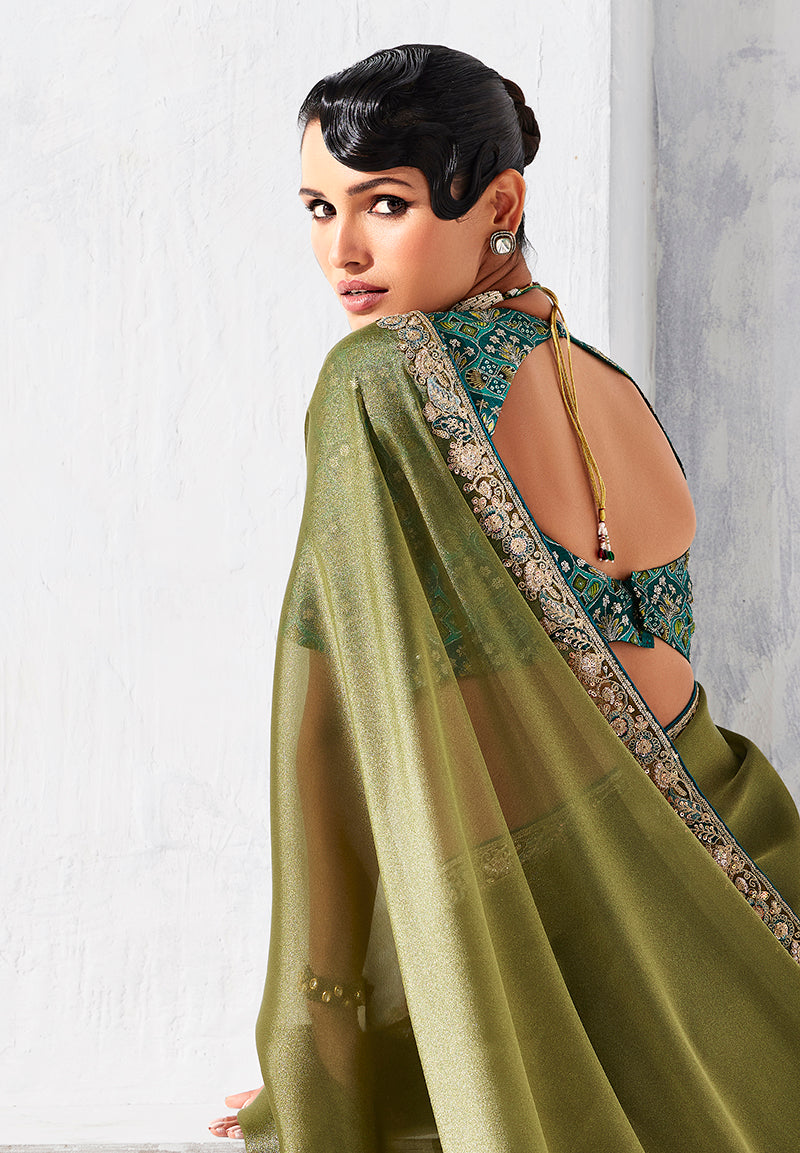 Monjolika Fashion Olive Green Fancy Fabric Embroidered Contemporary Saree
